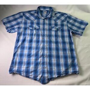 Russell's Western Wear Mens Plaid Short Sleeve Pearl Snap Shirt XL Blue Metallic